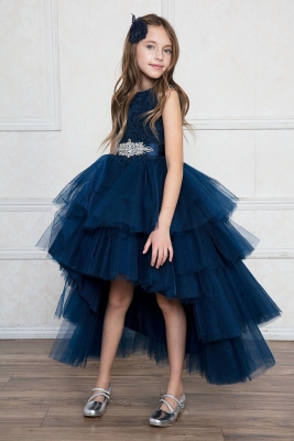 Navy High Low Dress with Lace Bodice