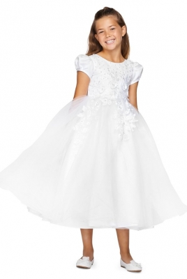 Girls Dress Style 2013- WHITE Satin Cap Sleeve Beaded and Floral Dress