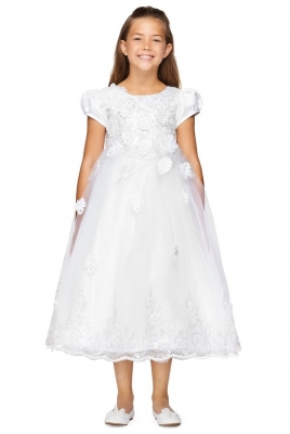 Girls Dress Style 2014 - WHITE Puff Sleeve Floral and Lace Dress