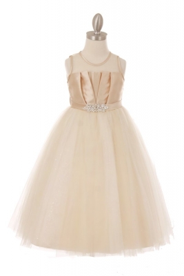 Champagne Satin Pleated Bodice Dress with Sparkle Tulle Skirt