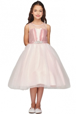 Pink Satin Pleated Bodice Dress with Sparkle Tulle Skirt