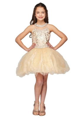 Champagne Halter Neck Rhinestone Tulle Party Dress