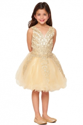 Elegant Champagne Tulle Dress with Gold Coil Lace and Rhinestones
