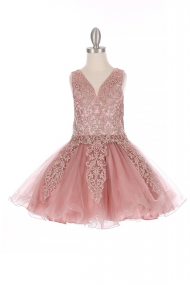 Elegant Dusty Rose Tulle Dress with Gold Coil Lace and Rhinestones