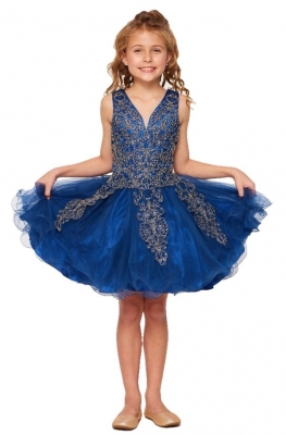 Elegant Navy Tulle Dress with Gold Coil Lace and Rhinestones
