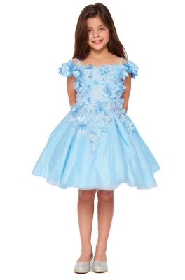 Blue Glitter Tulle Dress with 3D Flowers