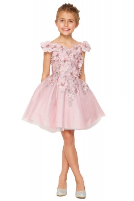 Dusty Rose Glitter Tulle Dress with 3D Flowers