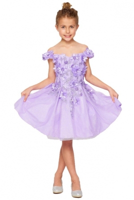 Lilac Glitter Tulle Dress with 3D Flowers