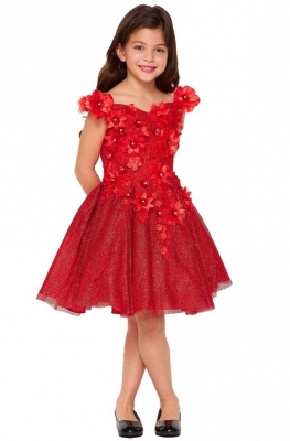 Red Glitter Tulle Dress with 3D Flowers