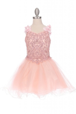 Blush Beaded Dress with Floral Straps and Glitter Tulle Skirt