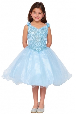 Blue Beaded Dress with Floral Straps and Glitter Tulle Skirt