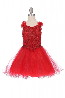 Red Beaded Blue Dress with Floral Straps and Glitter Tulle Skirt