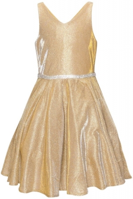 Gold Metallic Dress with Rhinestone Belt and Pockets