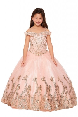 Blush Off Shoulder Dress with Hand Beaded Rhinestones and Glitter Skirt