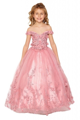 Dusty Rose Off Shoulder Ball Gown with Floral Accents