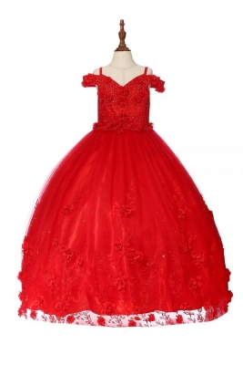 Red Off Shoulder Ball Gown with Floral Accents