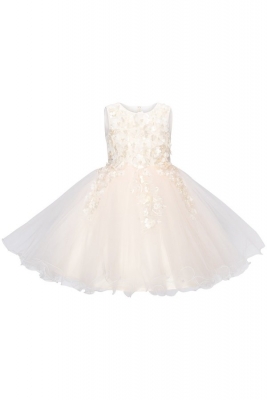 Champagne Multi Layered Tulle Dress with Hand Crafted 3D Flowers