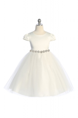 Ivory Cap Sleeved Satin Dress with Tulle and Embellished Waist