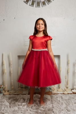 Red Cap Sleeved Satin Dress with Tulle and Embellished Waist