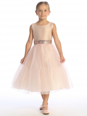 Blush Dress with Shantung Bodice and Tulle Skirt with Sequin Details