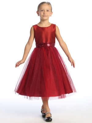 Burgundy Dress with Shantung Bodice and Tulle Skirt with Sequin Details