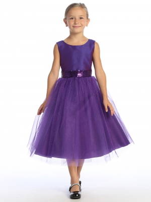 Purple Dress with Shantung Bodice and Tulle Skirt with Sequin Details