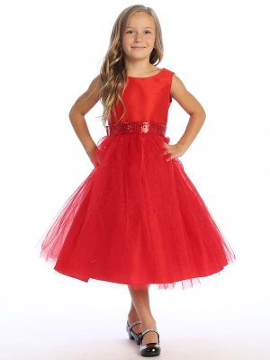 Red Dress with Shantung Bodice and Tulle Skirt with Sequin Details