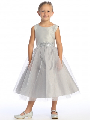 Silver Dress with Shantung Bodice and Tulle Skirt with Sequin Details