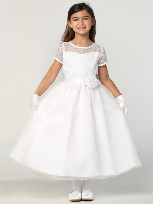 Short Sleeve Embroidered Tulle Dress with Flower Detail - SP169