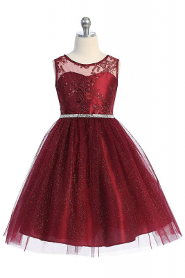 Burgundy Sleeveless Dress with Sequin Bodice and Illusion Neckline