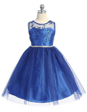 Royal Blue Sleeveless Dress with Sequin Bodice and Illusion Neckline