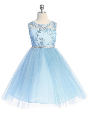Sky Blue Sleeveless Dress with Sequin Bodice and Illusion Neckline