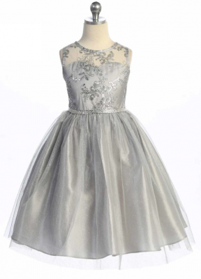 Silver Sleeveless Dress with Sequin Bodice and Illusion Neckline