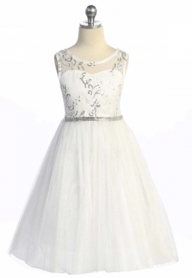 White Sleeveless Dress with Sequin Bodice and Illusion Neckline