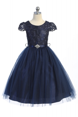 Navy Cap Sleeve Dress with Floral Applique