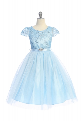 Baby Blue Cap Sleeve Dress with Floral Applique