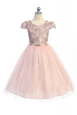 Dusty Rose Cap Sleeve Dress with Floral Applique