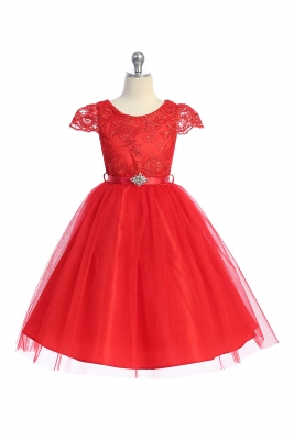 Red Cap Sleeve Dress with Floral Applique