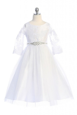 White Long Sleeved Lace and Tulle Dress