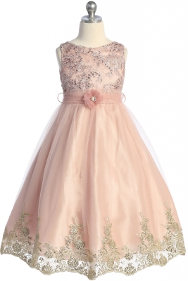 Mauve Sequin and Embroidered Dress with Flower Waist