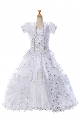 Floral Lace Communion Dress with Virgin Mary Embroidery and Matching Bolero