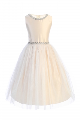 Champagne Sleeveless Jeweled Trim Satin and Crystal Tulle Dress