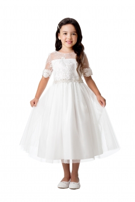 White Sequin Lace and Tulle Dress with Floral Waist Trim