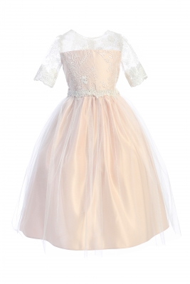 Blush Sequin Lace and Tulle Dress with Floral Waist Trim