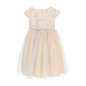 Girls Dress Style 710 - Short Sleeved Floral Mesh and Crystal Tulle Dress in Champagne