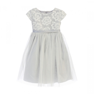 Girls Dress Style 710 - Short Sleeved Floral Mesh and Crystal Tulle Dress in Grey