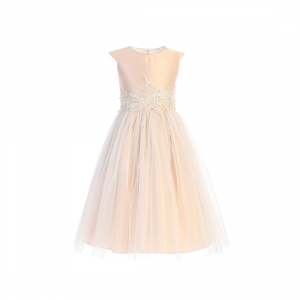 Blush Satin and Tulle Dress with Pearl and Lace Details