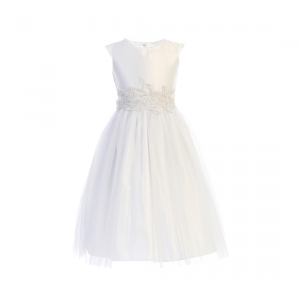 White Satin and Tulle Dress with Pearl and Lace Details