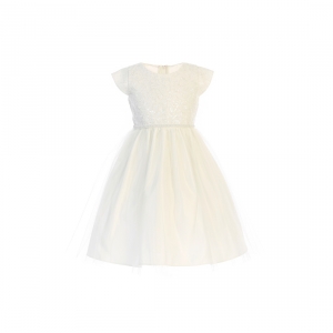 Off White Cap Sleeve Soft Sequin Satin and Tulle Dress