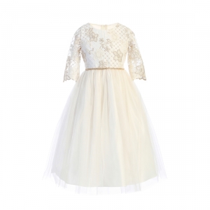 Off White Lattice Embroidered Satin and Crystal Tulle Dress